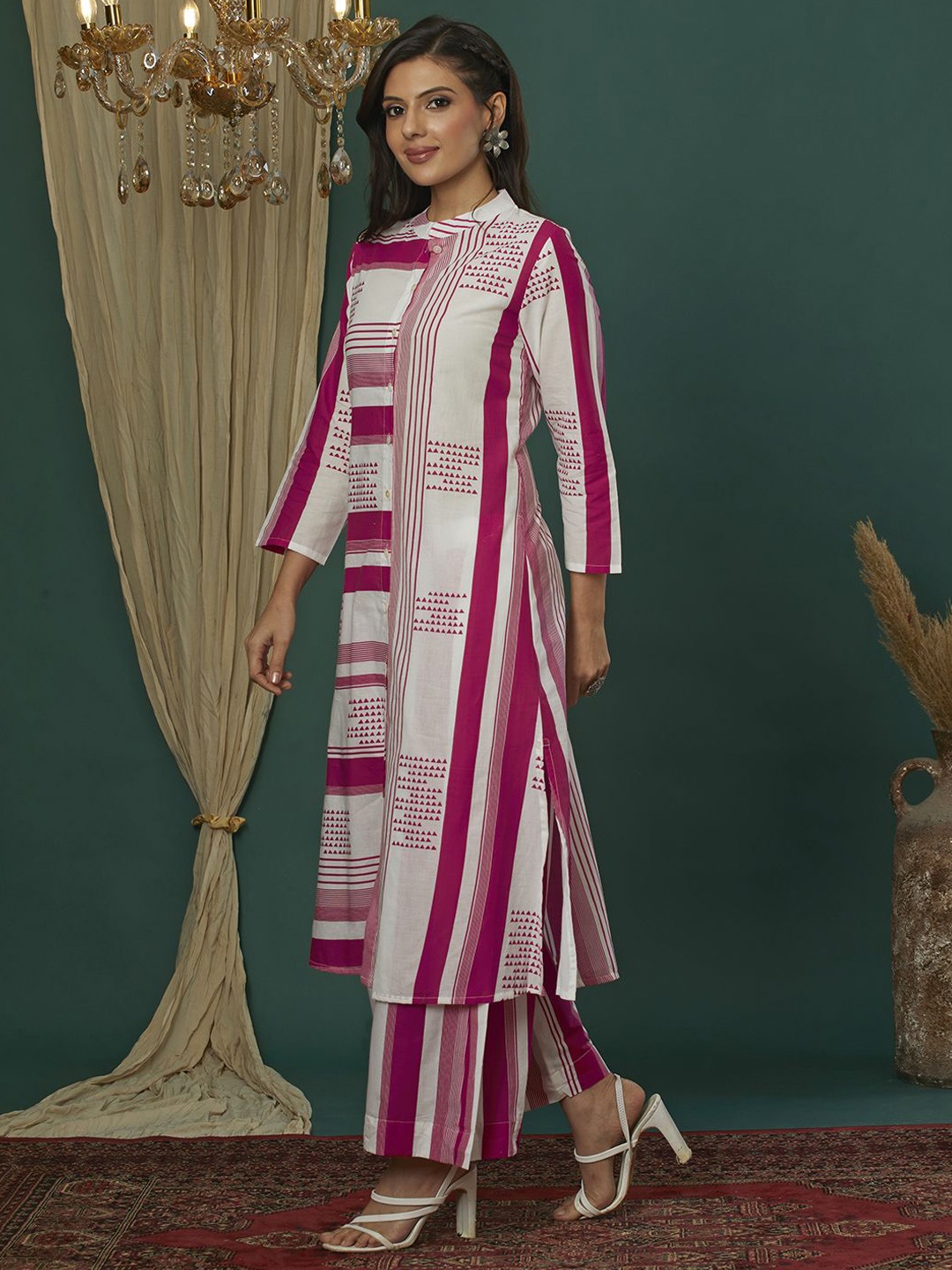 

INDYES Striped Band Collar A-Line Pure Cotton Kurta with Trousers, Pink