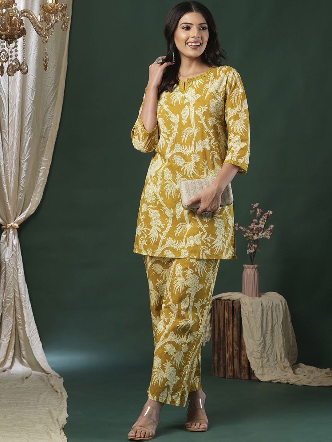 

INDYES Floral Printed Notch Neck Straight Pure Cotton Kurta with Trousers, Mustard