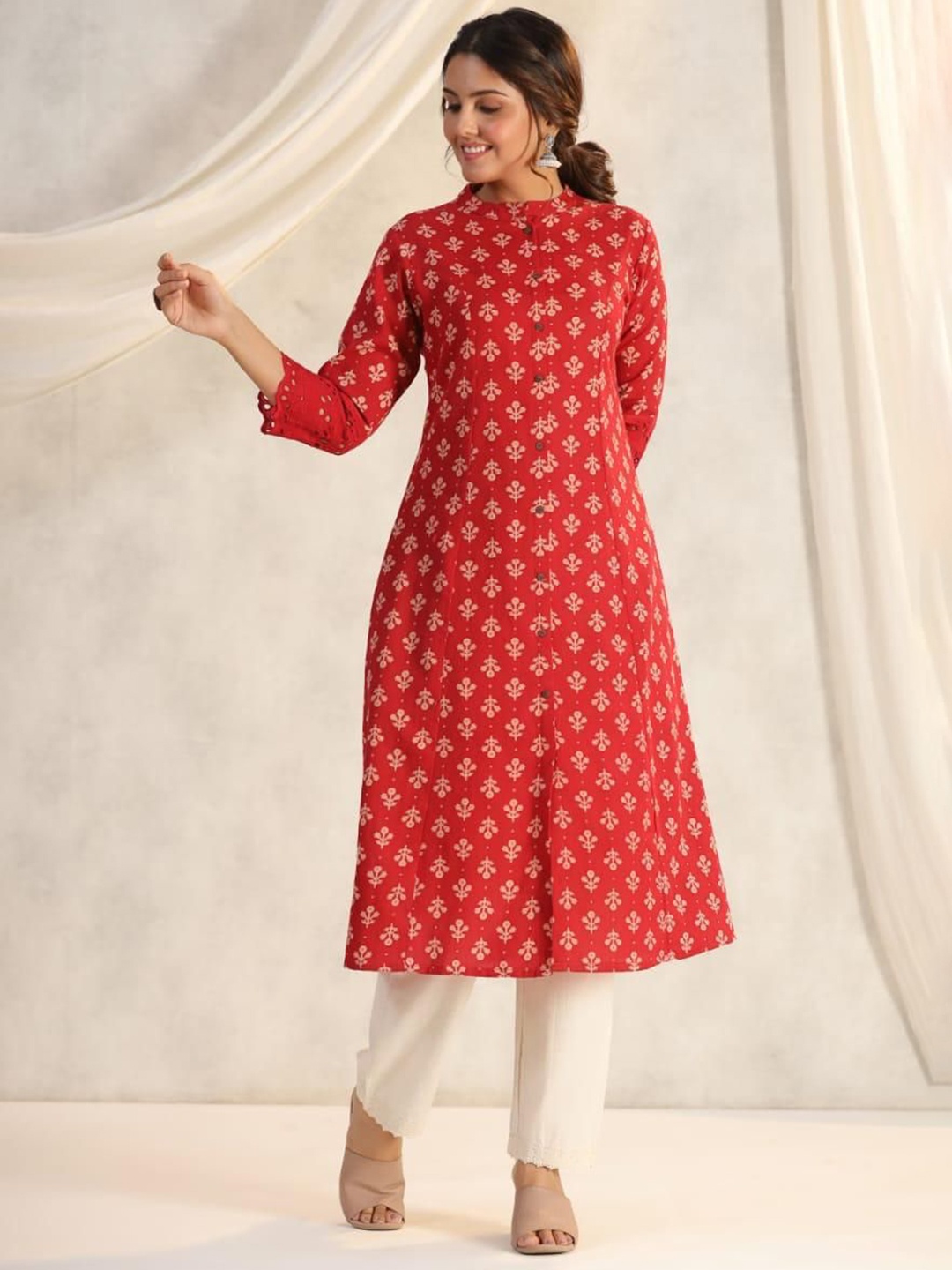 

INDYES Ethnic Motifs Printed Band Collar A-Line Pure Cotton Kurta with Trouser, Red