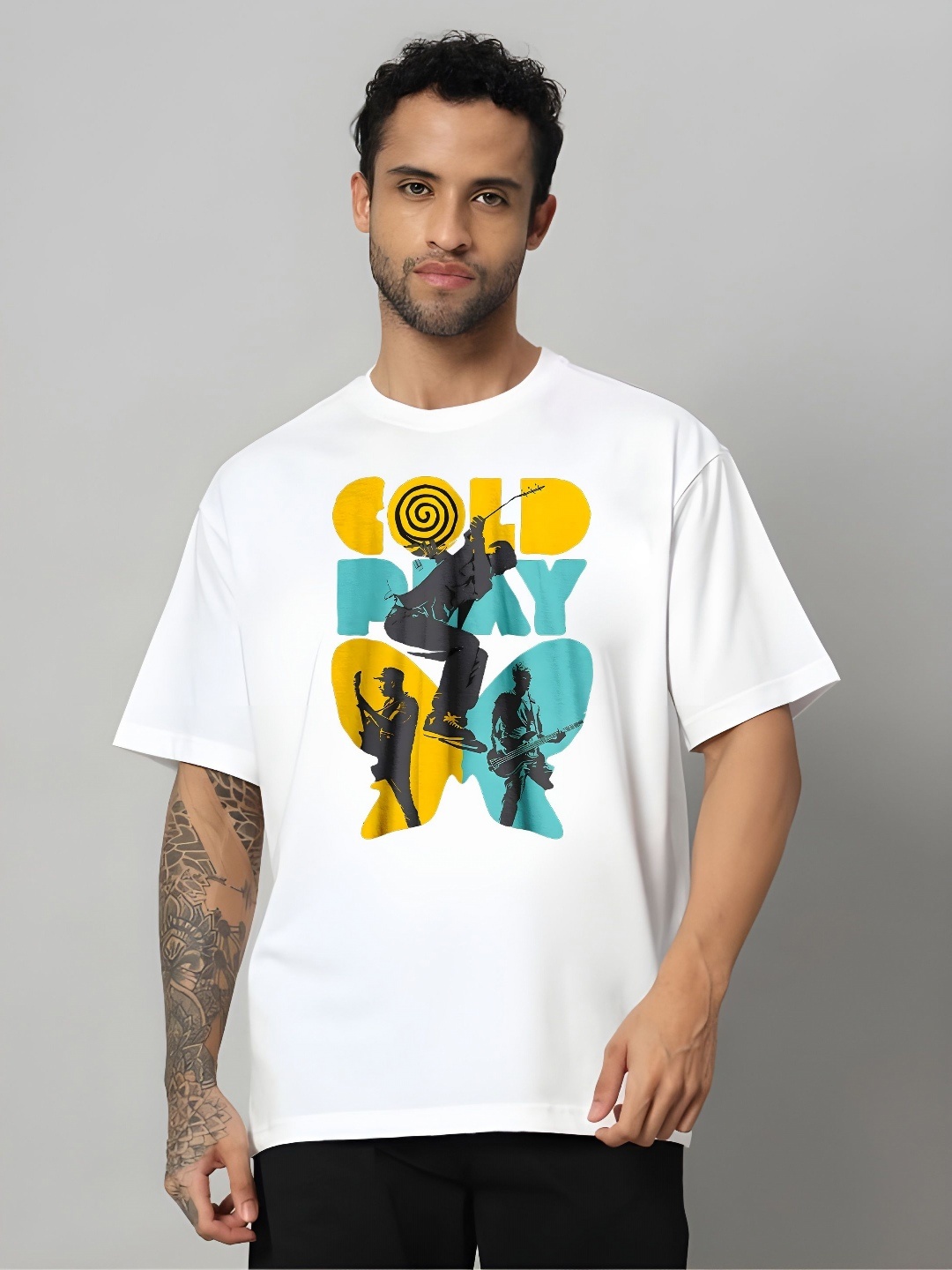 

KAIDO Men Coldplay Typography Printed Oversized Cotton T-shirt, White