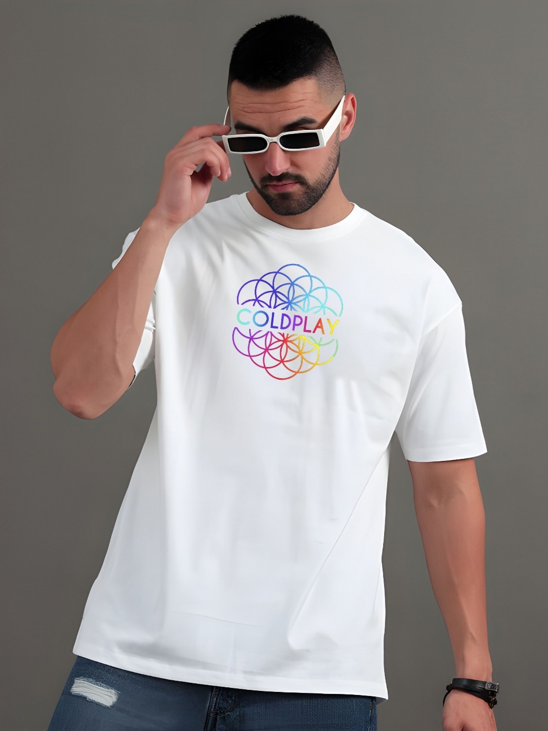 

KAIDO Men Coldplay Graphic Printed Oversized Cotton T-shirt, White