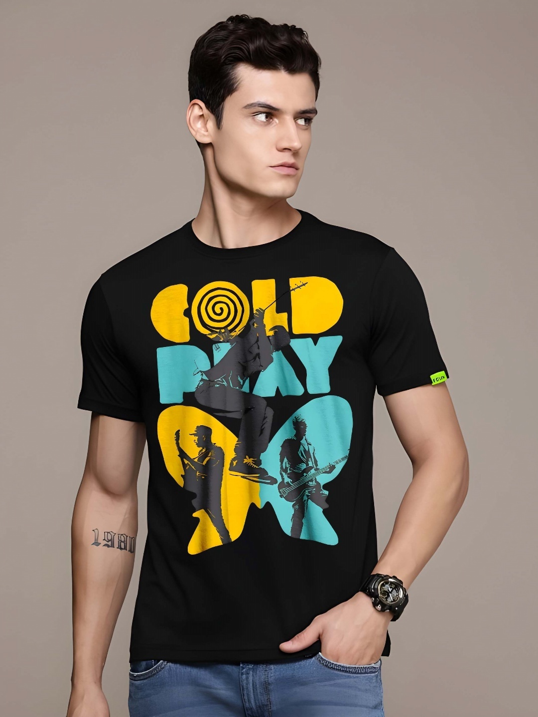 

KAIDO Men Coldplay Typography Printed Oversized Cotton T-shirt, Black