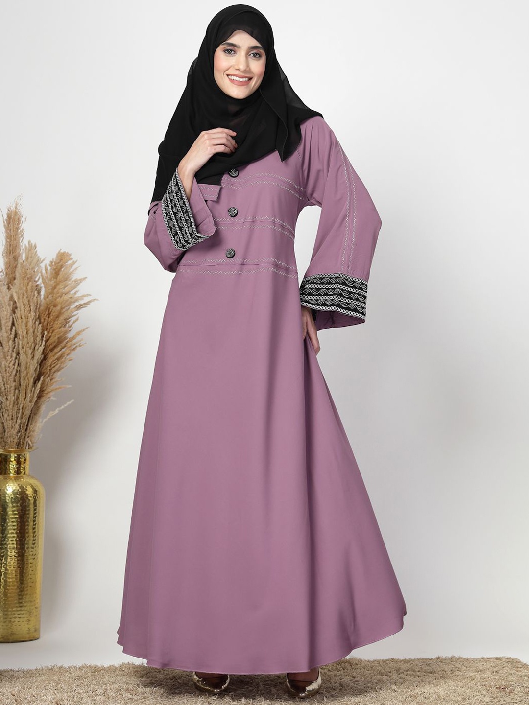 

KLOTTHE Embellished Round Neck Long Sleeves Abaya With Scarf, Purple