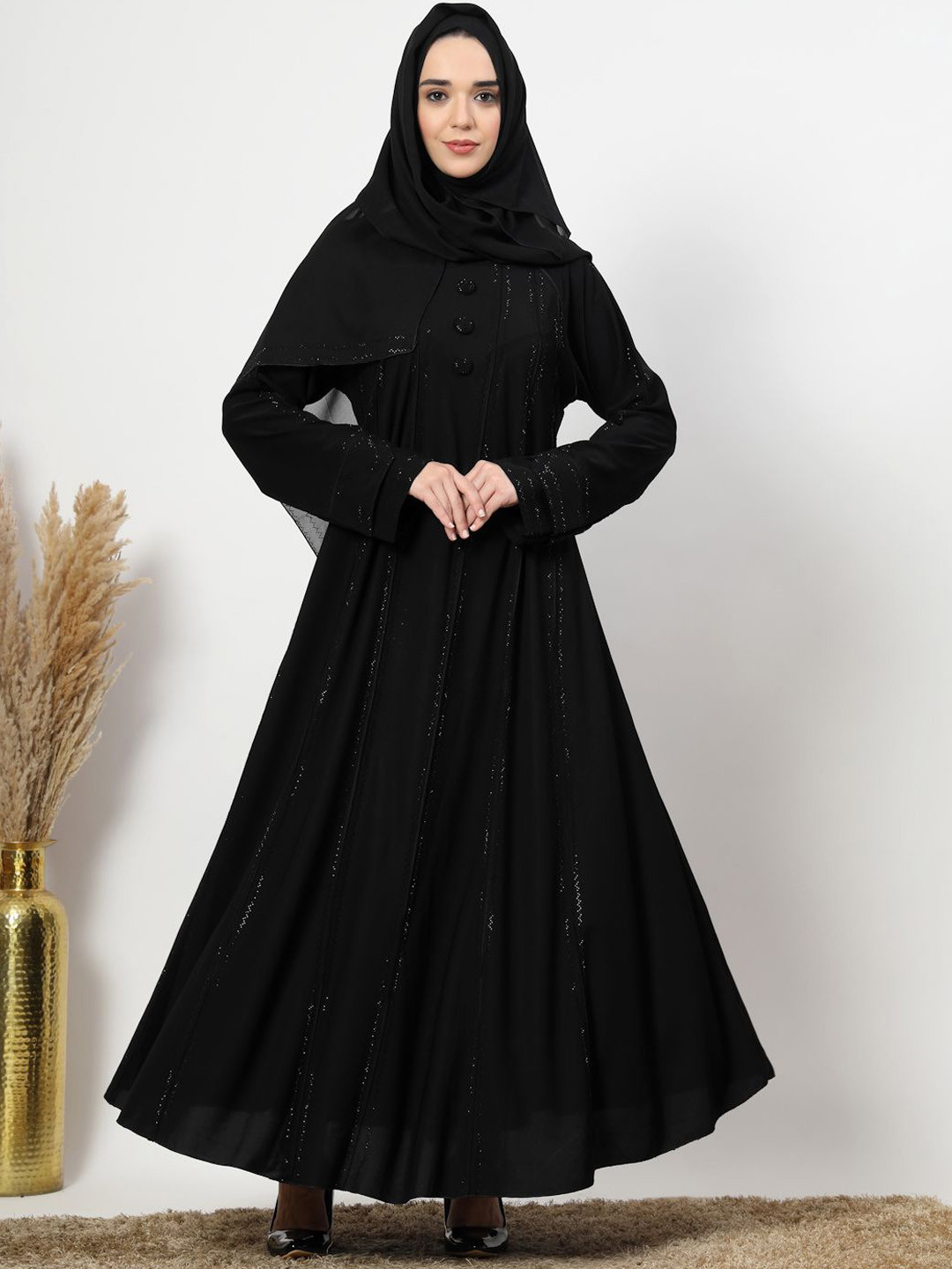 

Klotthe Embellished Round Neck Long Sleeves Abaya With Scarf, Black