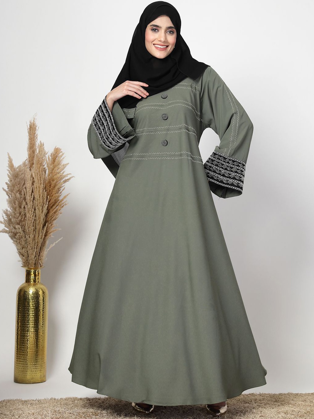 

KLOTTHE Embellished Round Neck Long Sleeves Abaya With Scarf, Olive