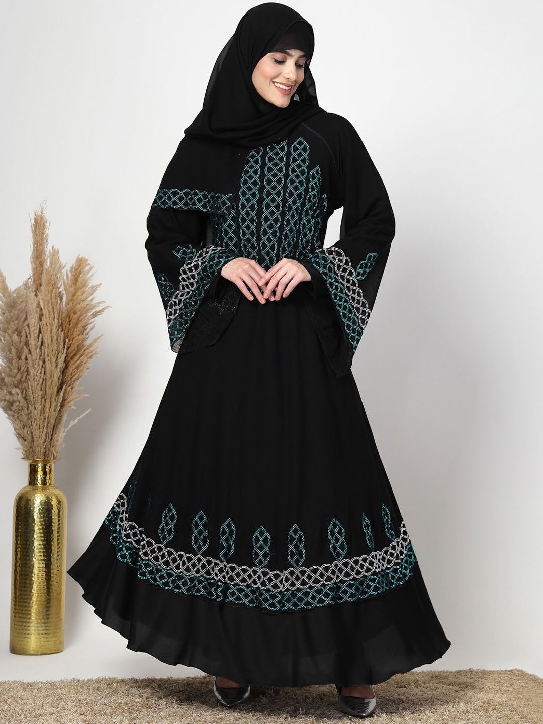 

KLOTTHE Embellished Round Neck Long Sleeves Abaya With Scarf, Black
