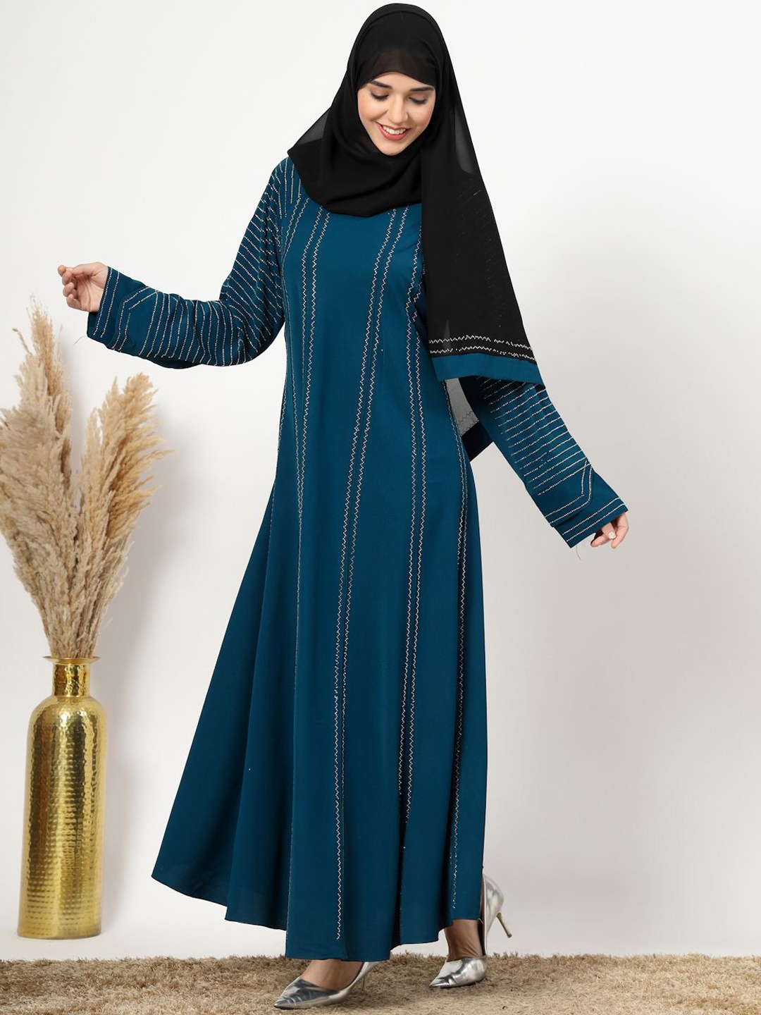 

KLOTTHE Embellished Round Neck Long Sleeves Abaya With Scarf, Teal