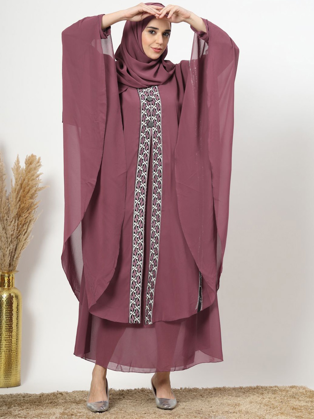 

Klotthe Floral Embroidered Round Neck Long Sleeves Abaya With Scarf, Magenta