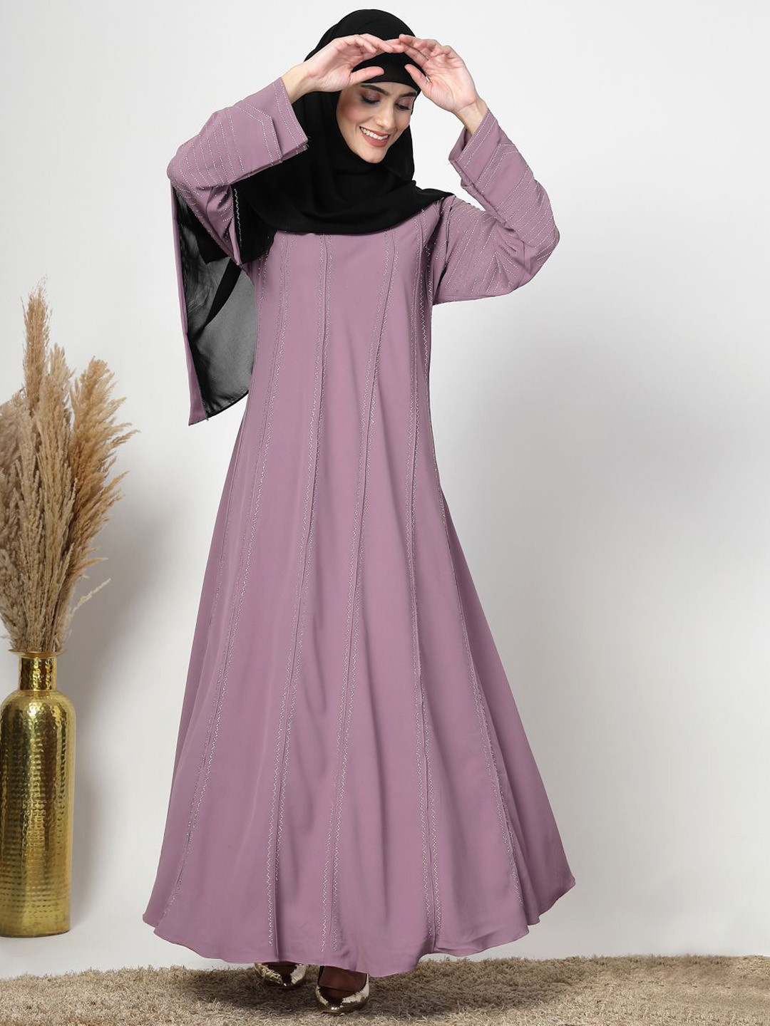 

KLOTTHE Embellished Round Neck Long Sleeves Abaya With Scarf, Purple