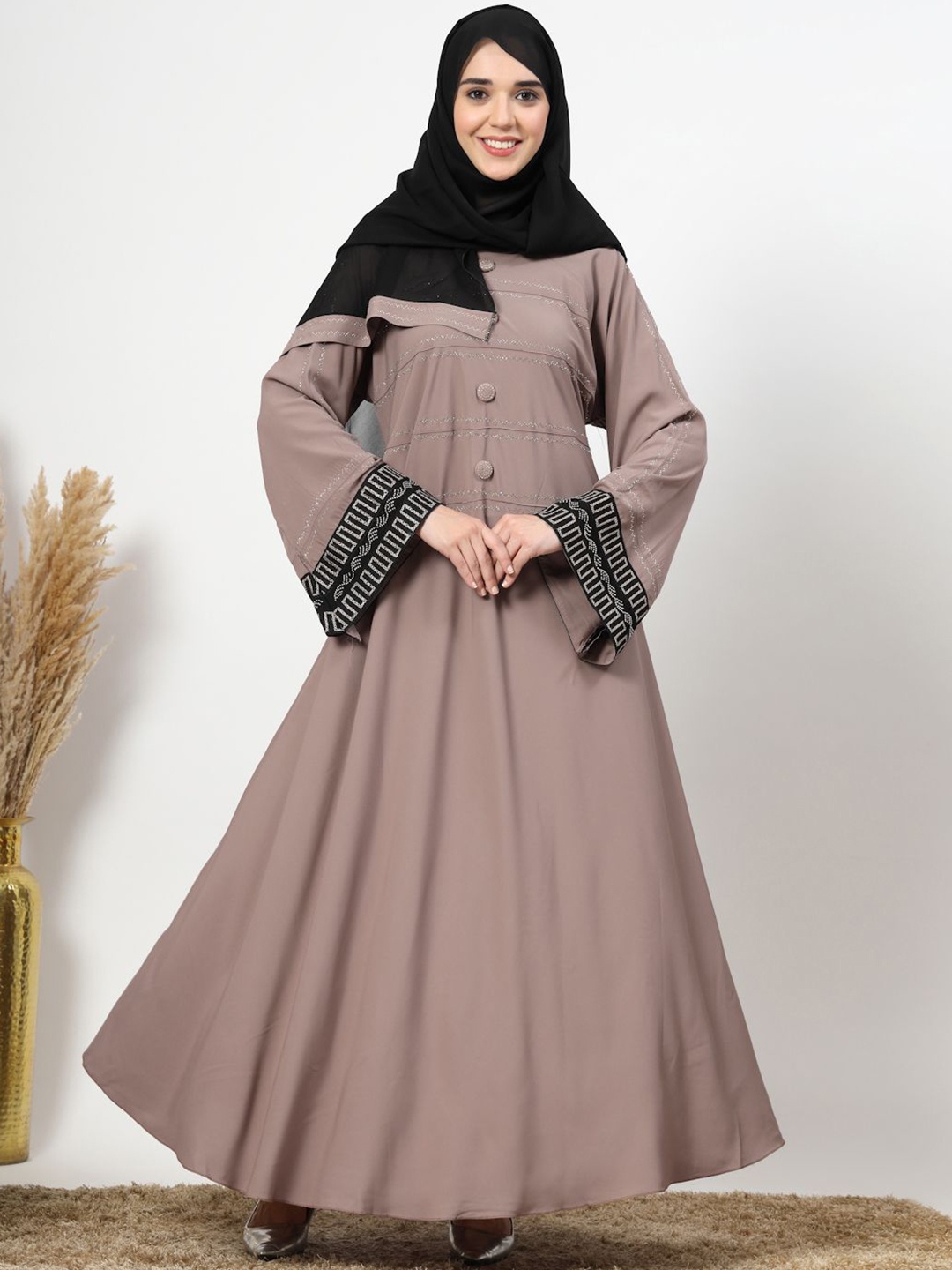 

KLOTTHE Embellished Round Neck Long Sleeves Abaya With Scarf, Brown