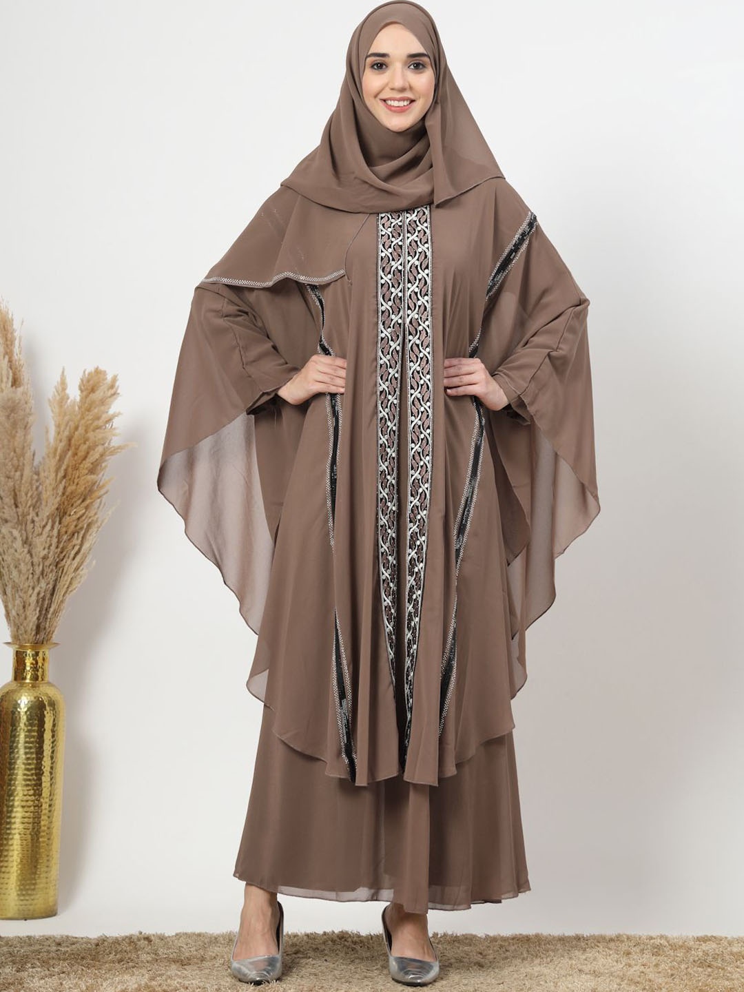 

KLOTTHE Embroidered Round Neck Long Sleeves Abaya With Scarf, Brown