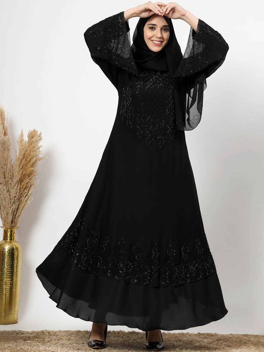 

KLOTTHE Embellished Round Neck Long Sleeves Abaya With Scarf, Black