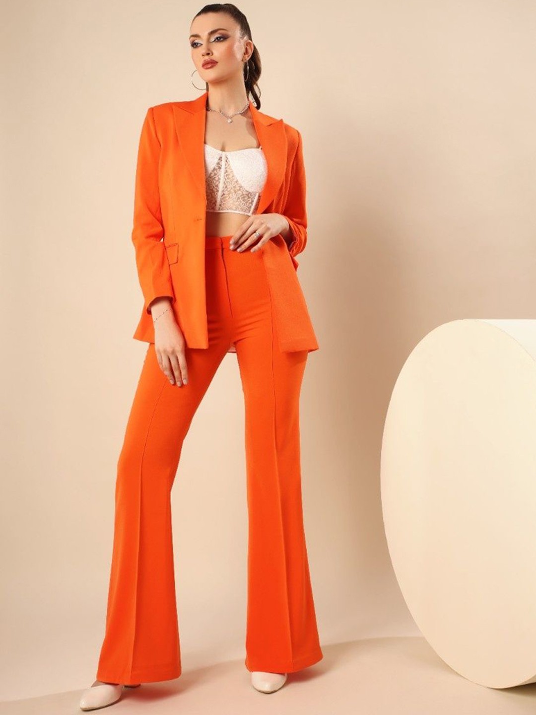 

VOLCAPE SUMMER Peaked Lapel Collar Single-Breasted Slim Fit Blazer With Trousers, Orange