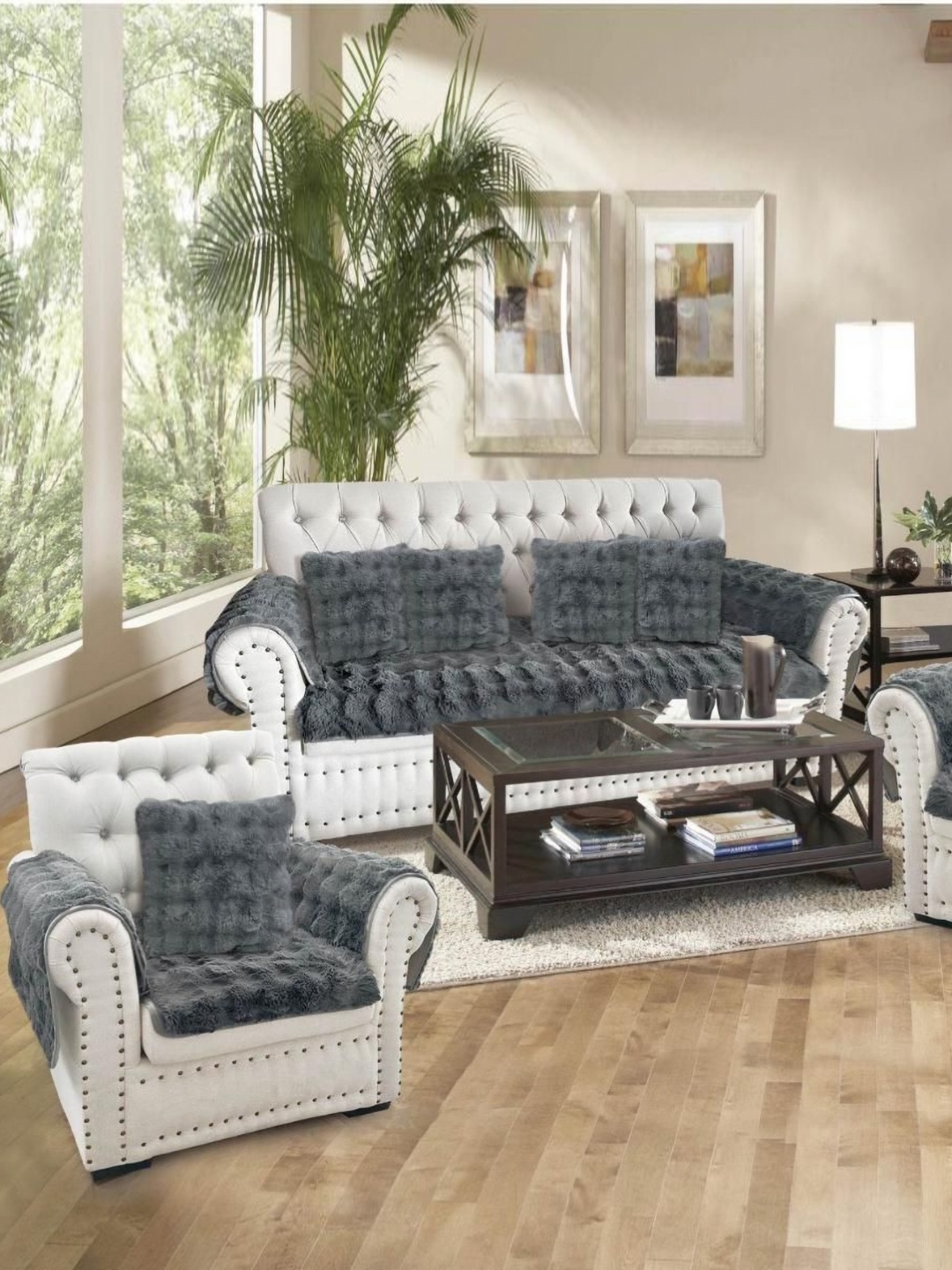 

MULTITEX Grey & White 9 Pieces 9 Seater Sofa Cover With Arms