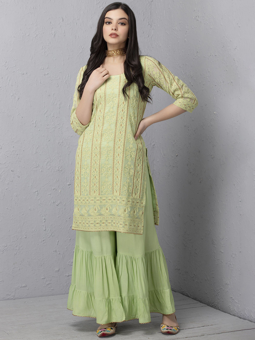 

SEW Floral Embroidered Round Neck Zari Thread Work Kurta with Sharara, Green