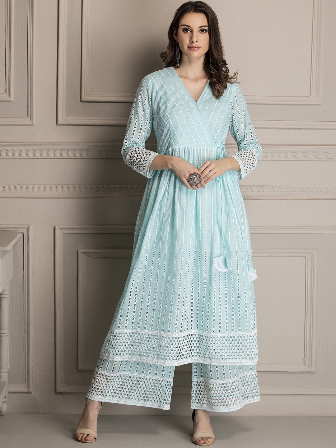 

SEW Floral Embroidered Angrakha schiffli Pure Cotton A Line Kurta With Palazzos, Blue