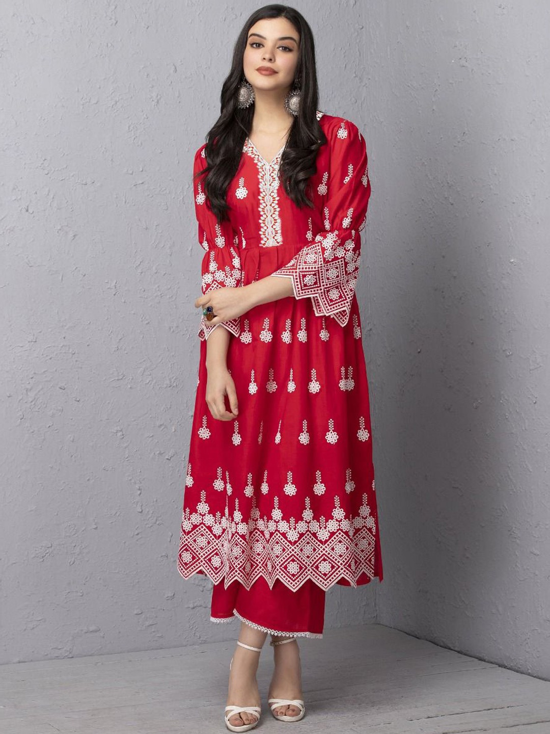 

SEW Floral Embroidered V Neck schiffli Pure Cotton A Line Kurta With Palazzos, Red