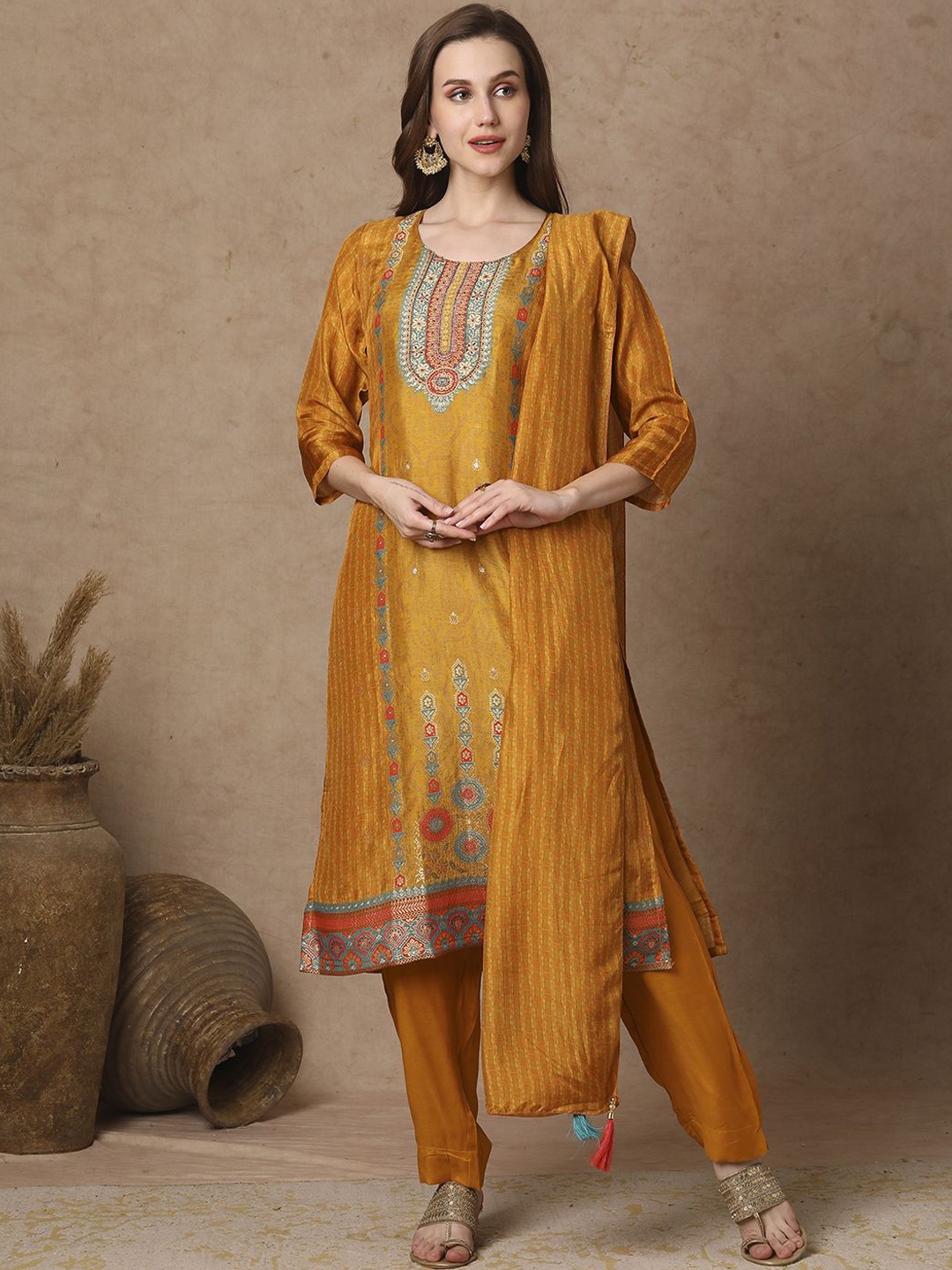 

FASHOR Ethnic Motifs Woven Design Embroidered Straight Kurta With Trousers & Dupatta, Mustard