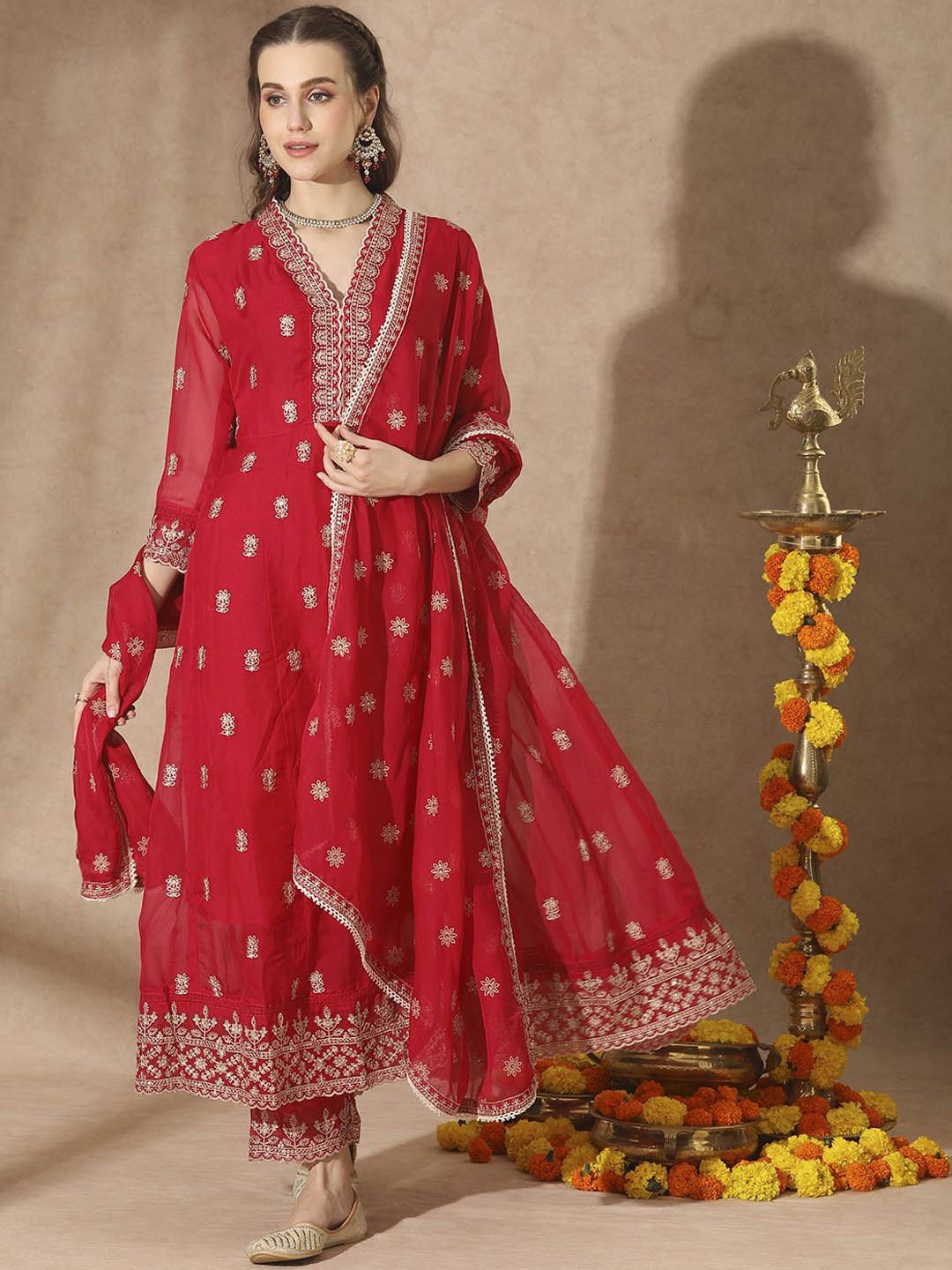 

FASHOR Floral Embroidered V-Neck Anarkali Kurta With Trousers And Dupatta, Red