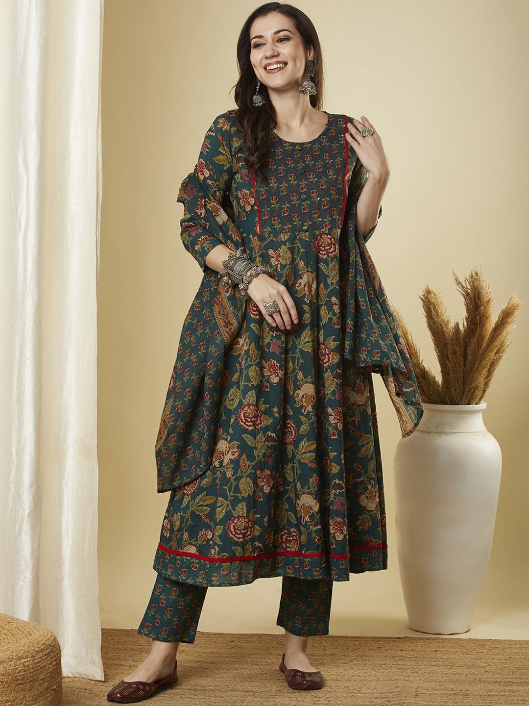 

FASHOR Floral Printed Pure Cotton Sequinned A-Line Kurta With Trousers & Dupatta, Green