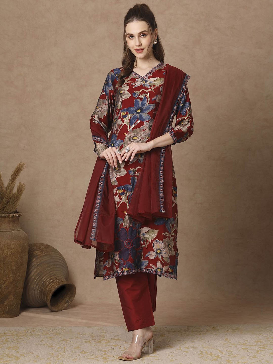 

FASHOR Floral Printed Beads And Stones Muslin Silk Straight Kurta With Trousers & Dupatta, Maroon