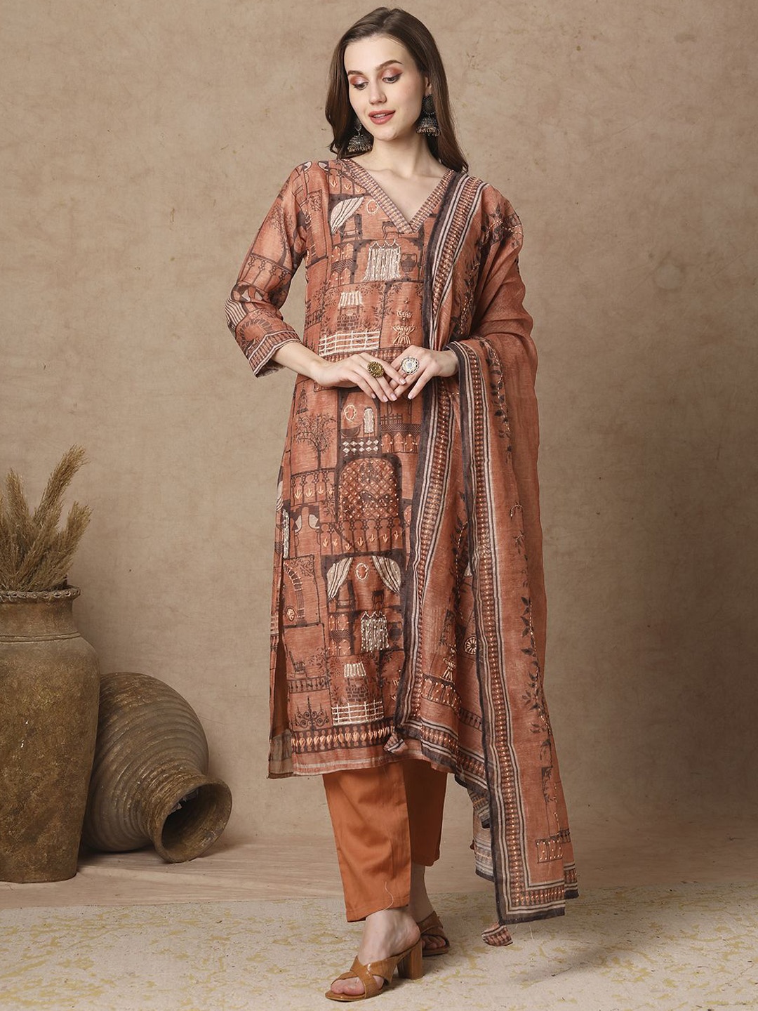 

FASHOR Ethnic Motifs Printed Thread Work Straight Kurta With Trousers & Dupatta, Brown