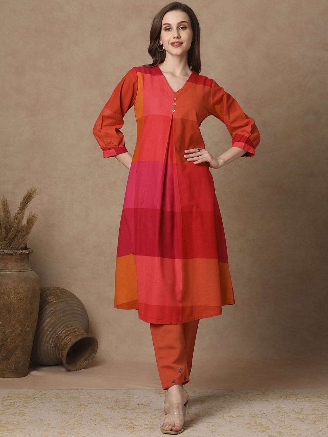 

FASHOR Checked V-Neck Cotton A-Line Kurta, Red