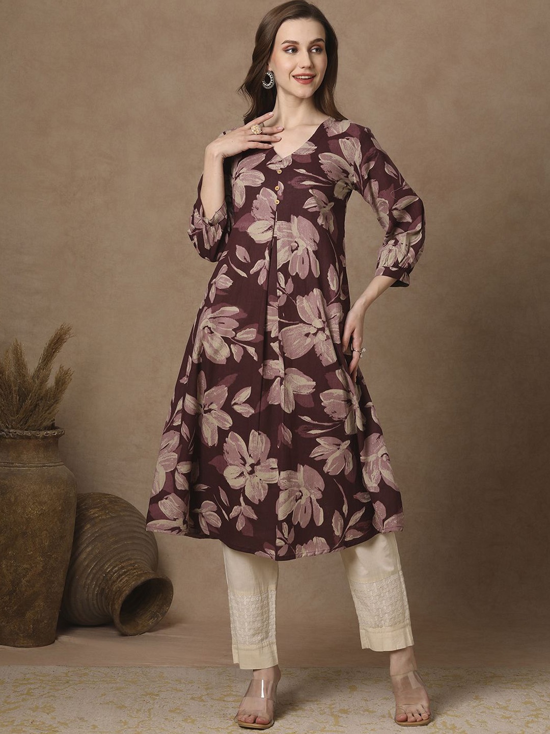 

FASHOR Floral Printed V-Neck Cotton A-Line Kurta, Burgundy
