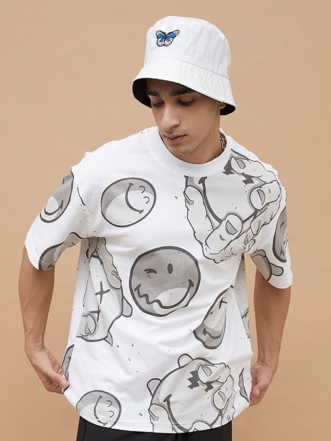 

SmileyWorld Men Conversational Printed Round Neck Cotton Oversized T-shirt, White