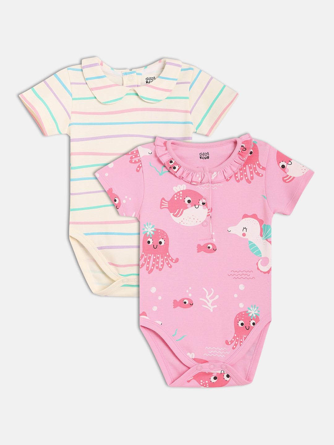 

MINI KLUB Girls Set Of 2 Girls Printed Cotton Bodysuit, Pink