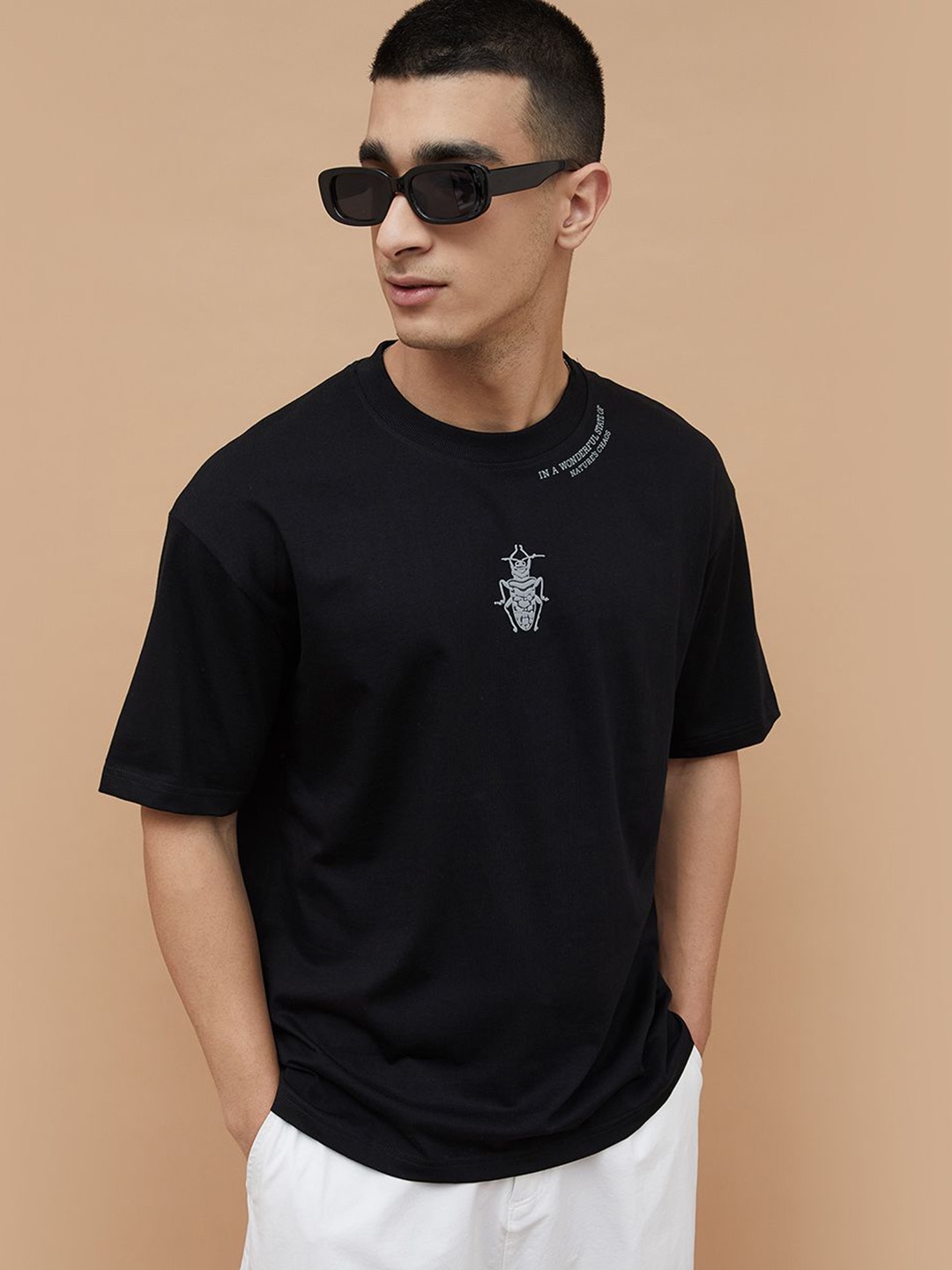 Forca Men Graphic Printed Round Neck Cotton Relaxed Fit T-shirt, Black