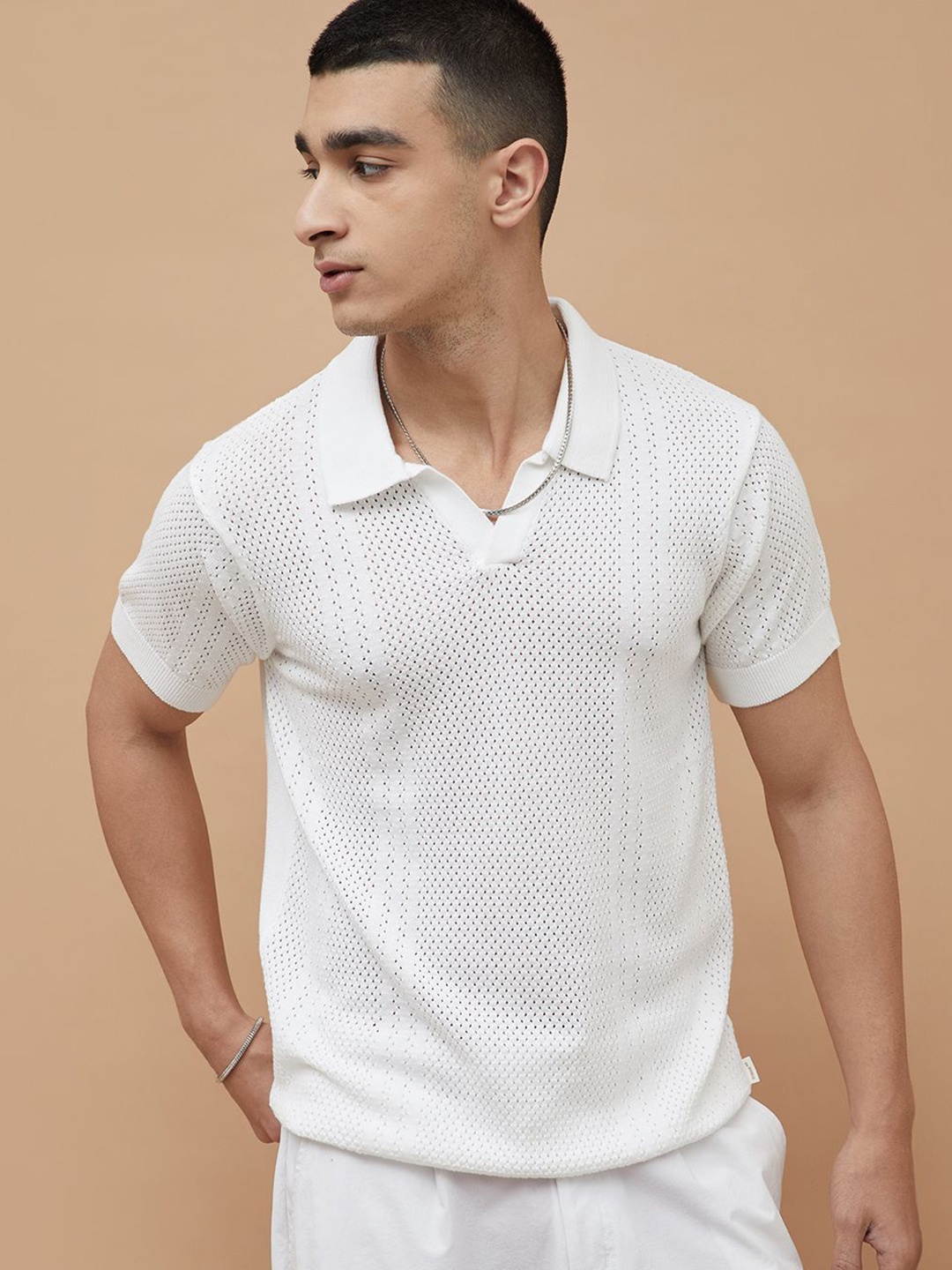 

Forca Men Self Design Polo Collar Cotton T-shirt, White