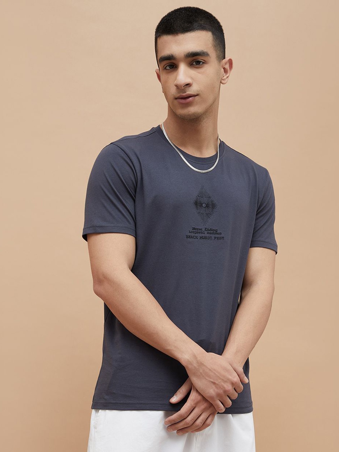 Forca Men Typography Printed Round Neck Cotton T-shirt, Charcoal