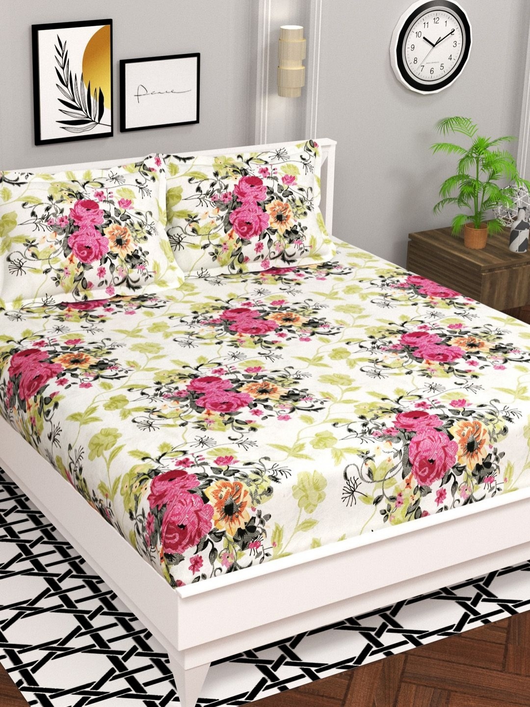 

bsb home Aspire White & pink Floral Printed Microfiber 144 TC Queen Bedsheet Set