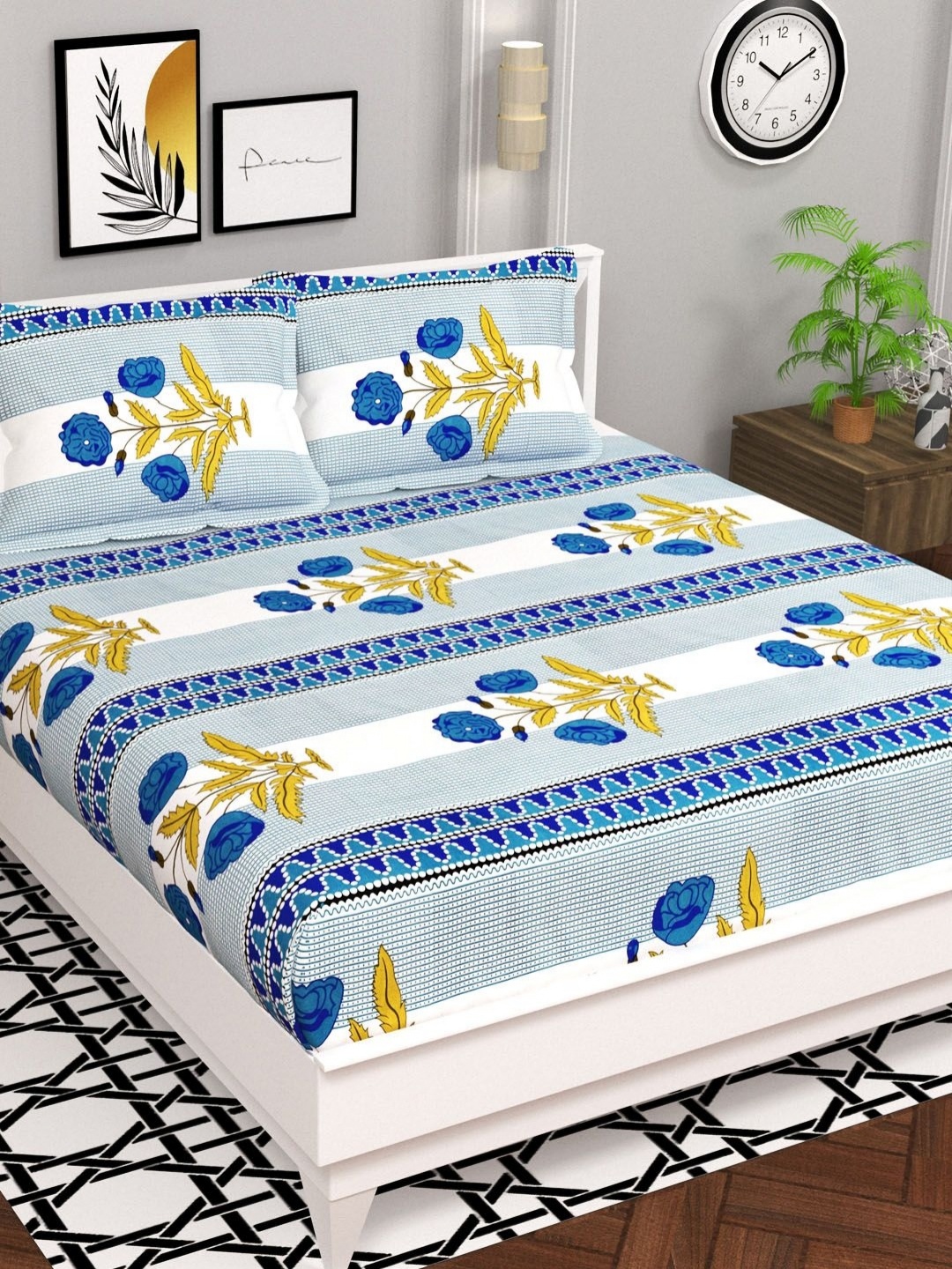 

bsb home Aspire Blue & White Floral Printed Microfiber144 TC Queen Bedsheet Set