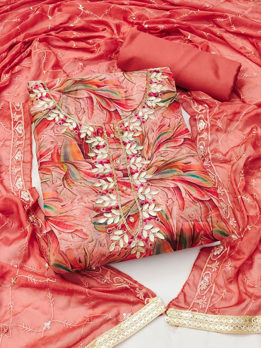 

DNVEENS Floral Embroidered Gotta Patti Organza Unstitched Dress Material, Orange