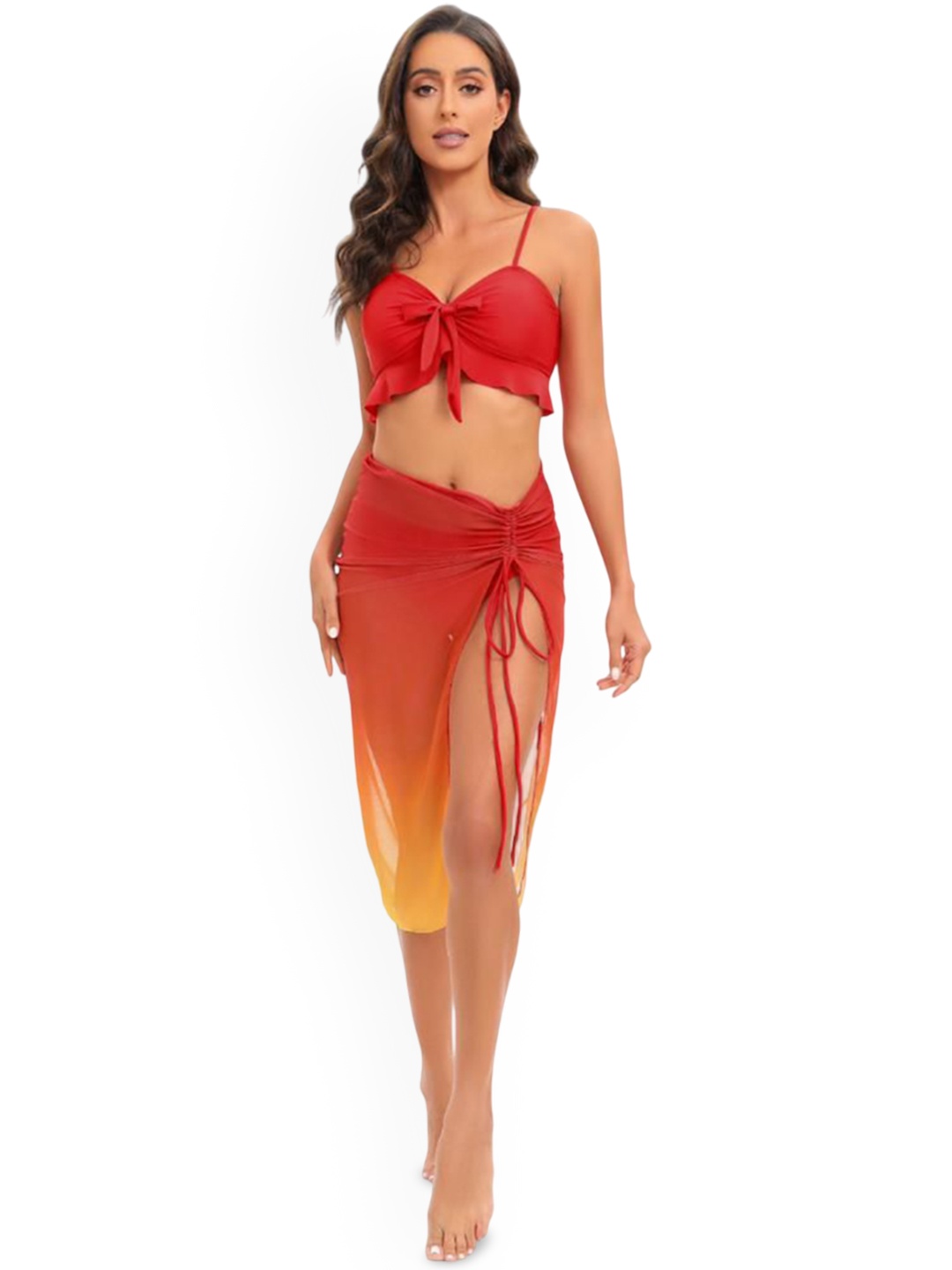 

Plus Curvves Women Bikini Set With Front Knot Detail Cover Up, Red