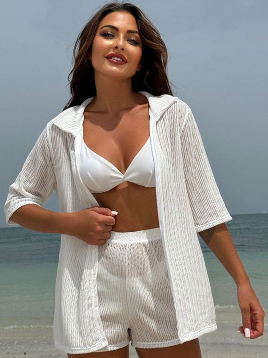 

Plus Curvves Open Front Loose Top Short Sleeve Bathing Swimsuit With Cover Up Set, White
