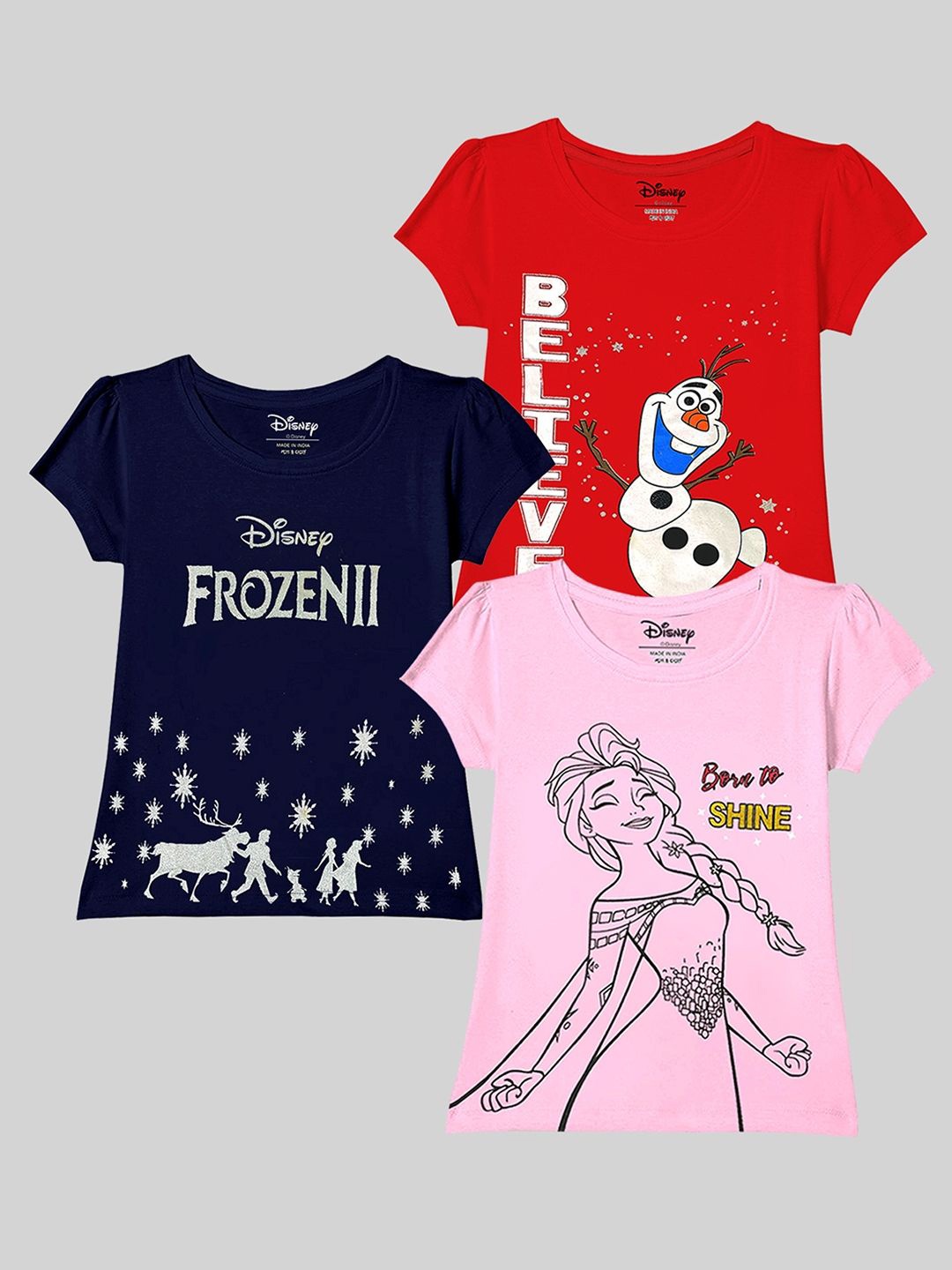 

Disney By Miss and Chief Girls Pack Of 3 Graphic Printed Cotton T-shirt, Navy blue