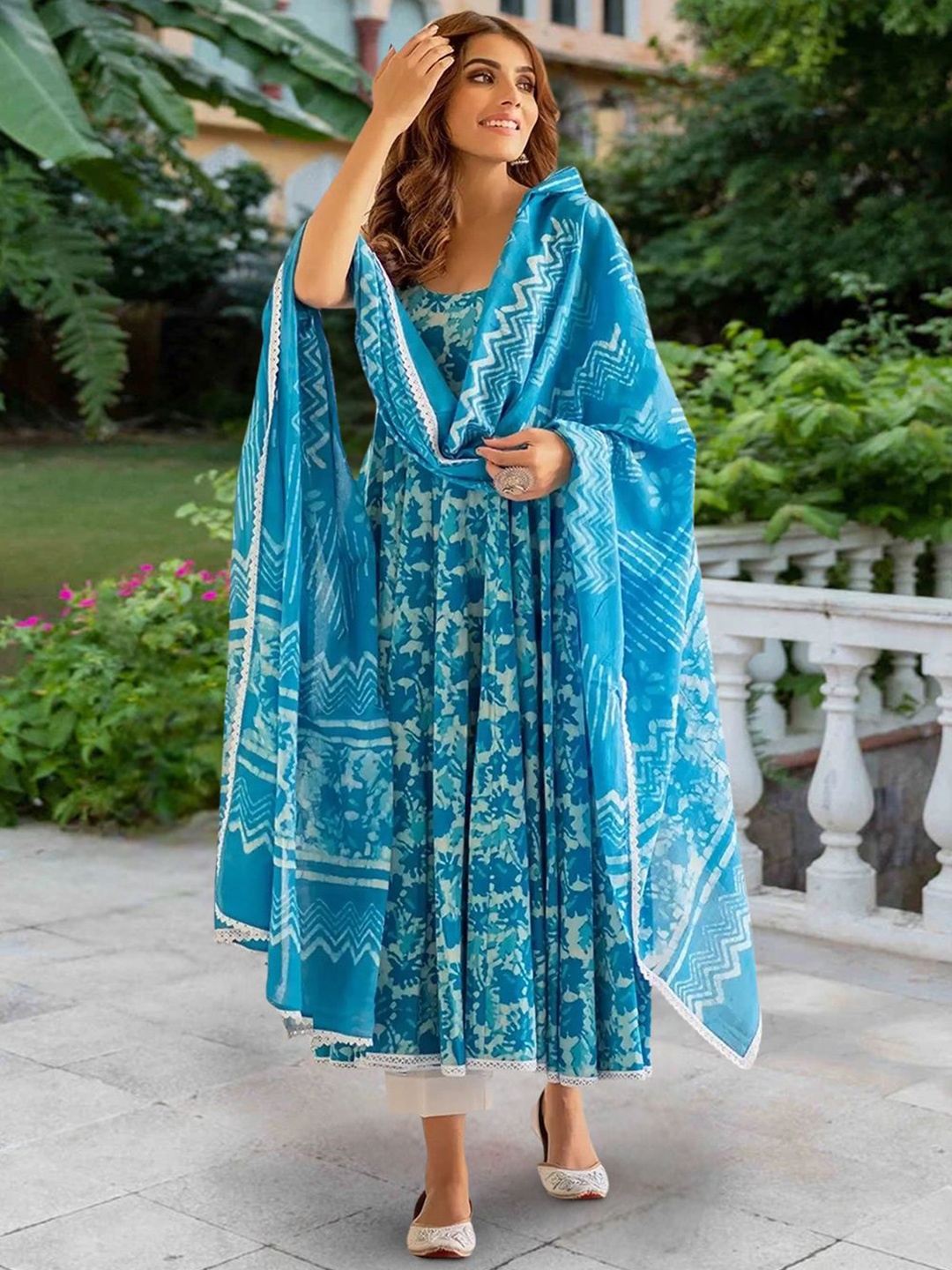 

7Threads Floral Printed Round Neck Anarkali Kurta With Trousers And Dupatta, Blue