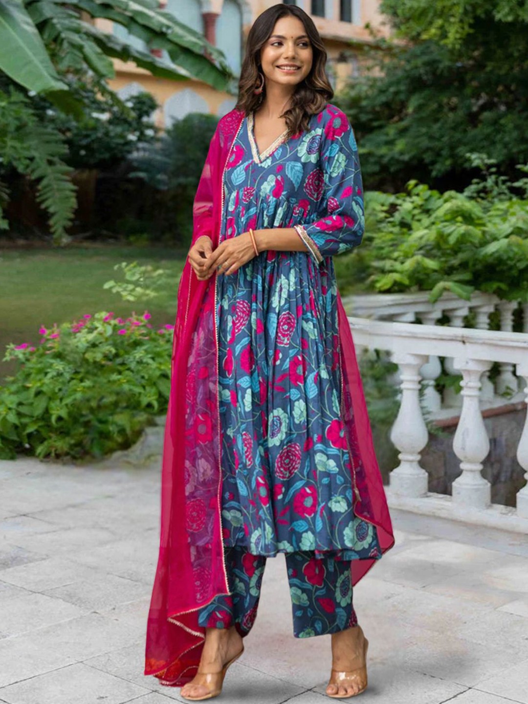 

7Threads Floral Printed V-Neck Anarkali Kurta with Trousers And Dupatta, Blue
