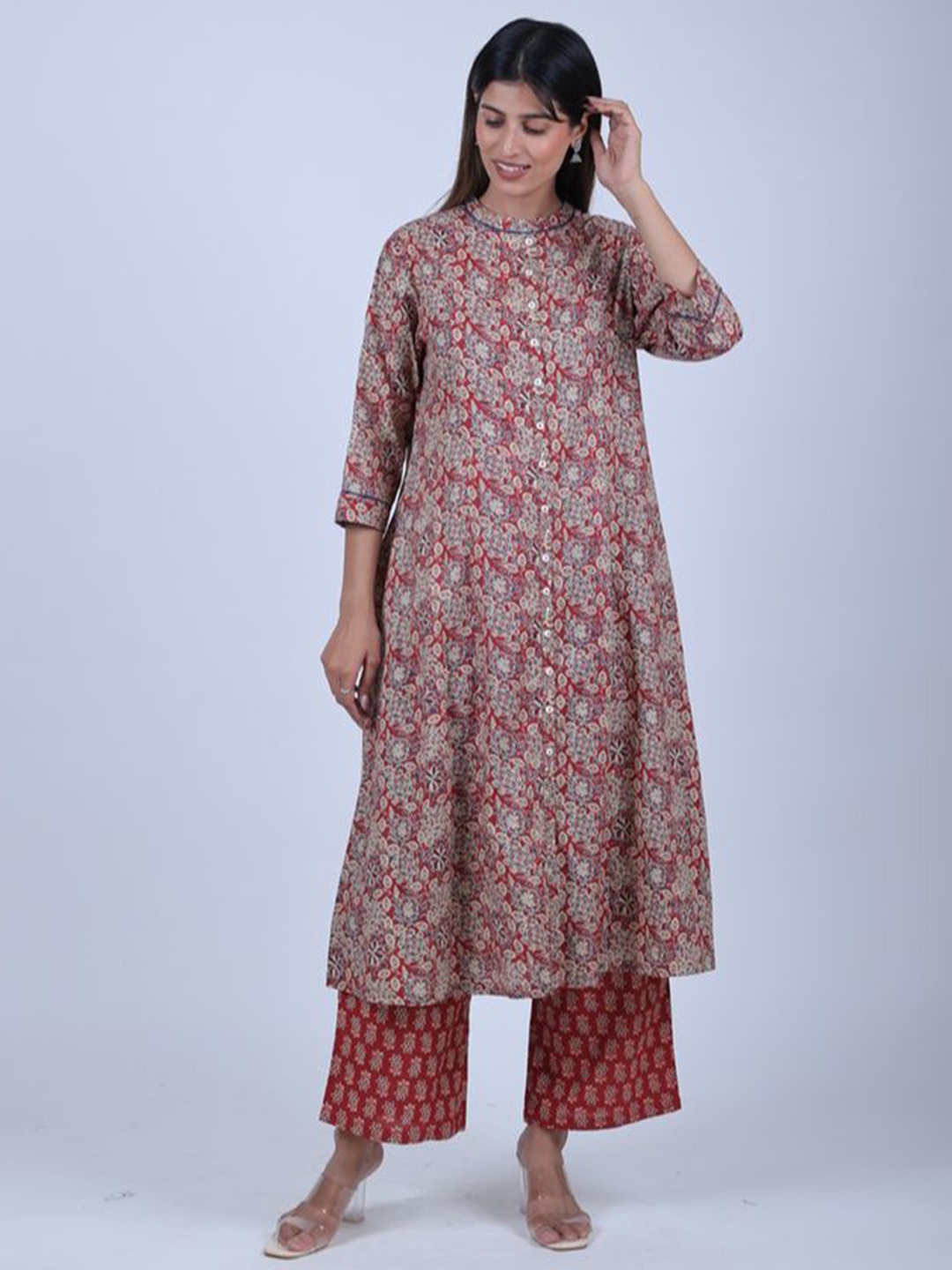 

HOUSE OF PARAL Floral Printed Round Neck A-Line Kurta with Palazzos, Red