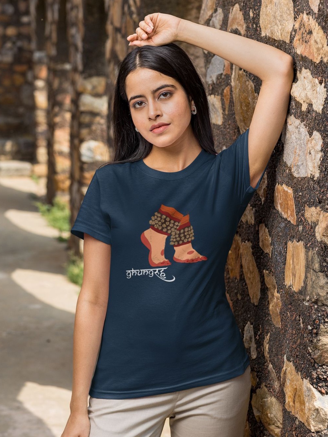 

The Mad Riyazi Women GhungRuuh Graphic Printed Round Neck Cotton T-shirt, Navy blue