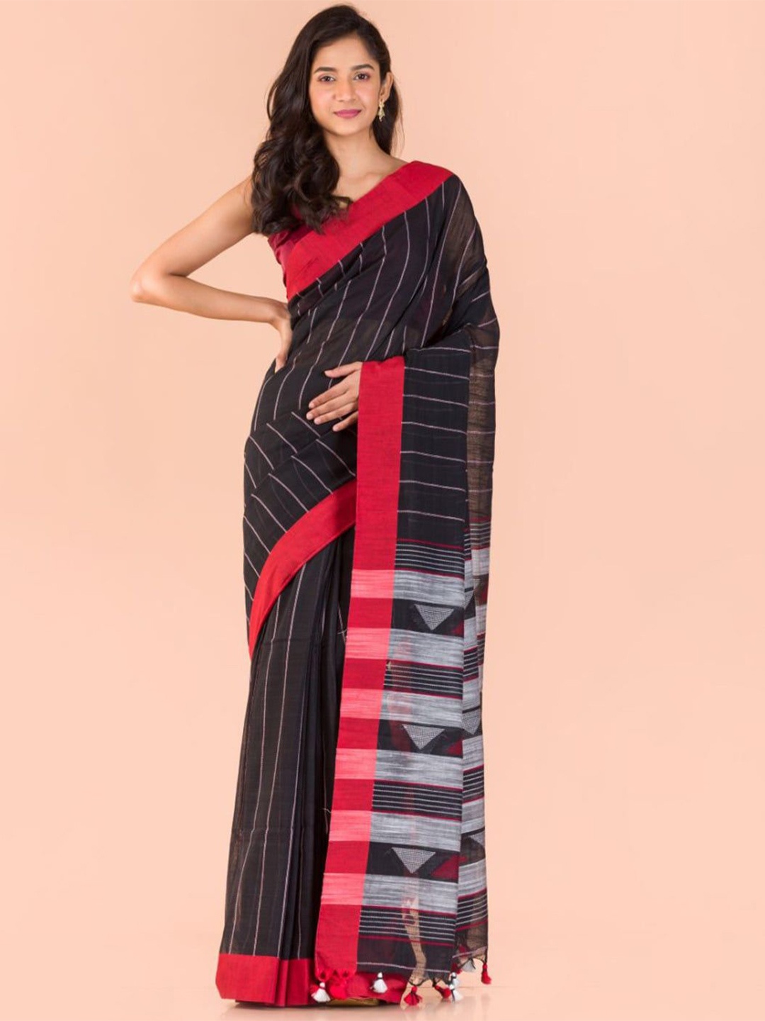 

VIRICA Designer Striped Chanderi Saree, Black