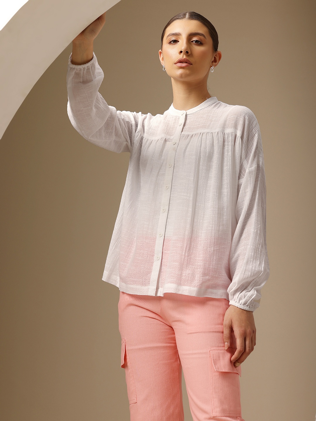 

Chemistry Mandarin Collar Puff Sleeve Pure Cotton Shirt Style Top, White