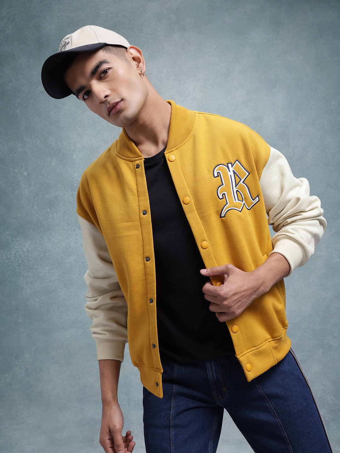 

The Roadster Lifestyle Co. Men Colourblocked Fleece No Varsity Jacket, Mustard