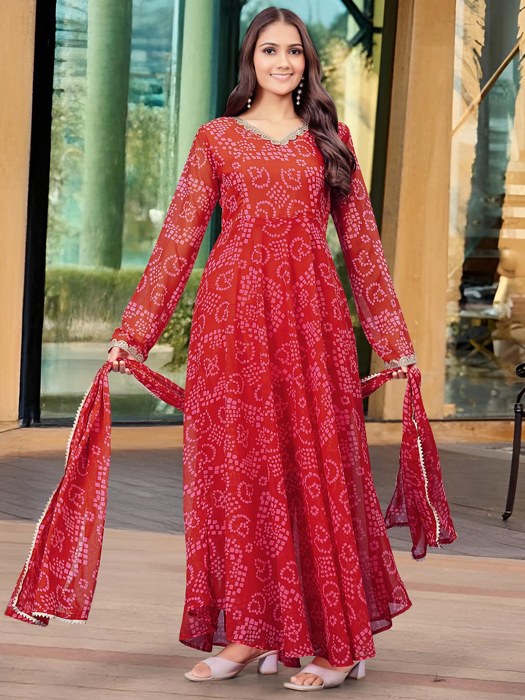 

KALINI Bandhani Printed Silk Georgette V-Neck Anarkali Kurta With TrousersAnd Dupatta, Red