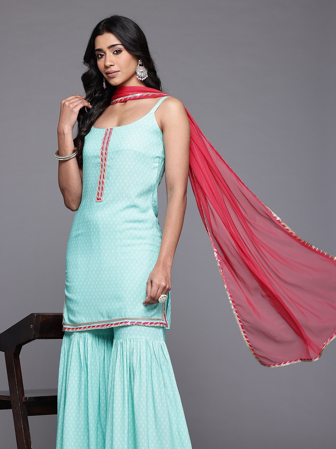 

Ahalyaa Ethnic Motifs Printed Gotta Patti Kurti with Sharara & With Dupatta, Turquoise blue