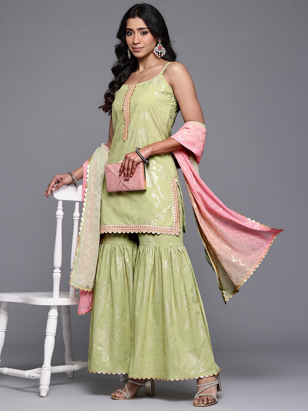 

Ahalyaa Floral Printed Gotta Patti Pure Cotton Kurti with Sharara & With Dupatta, Green