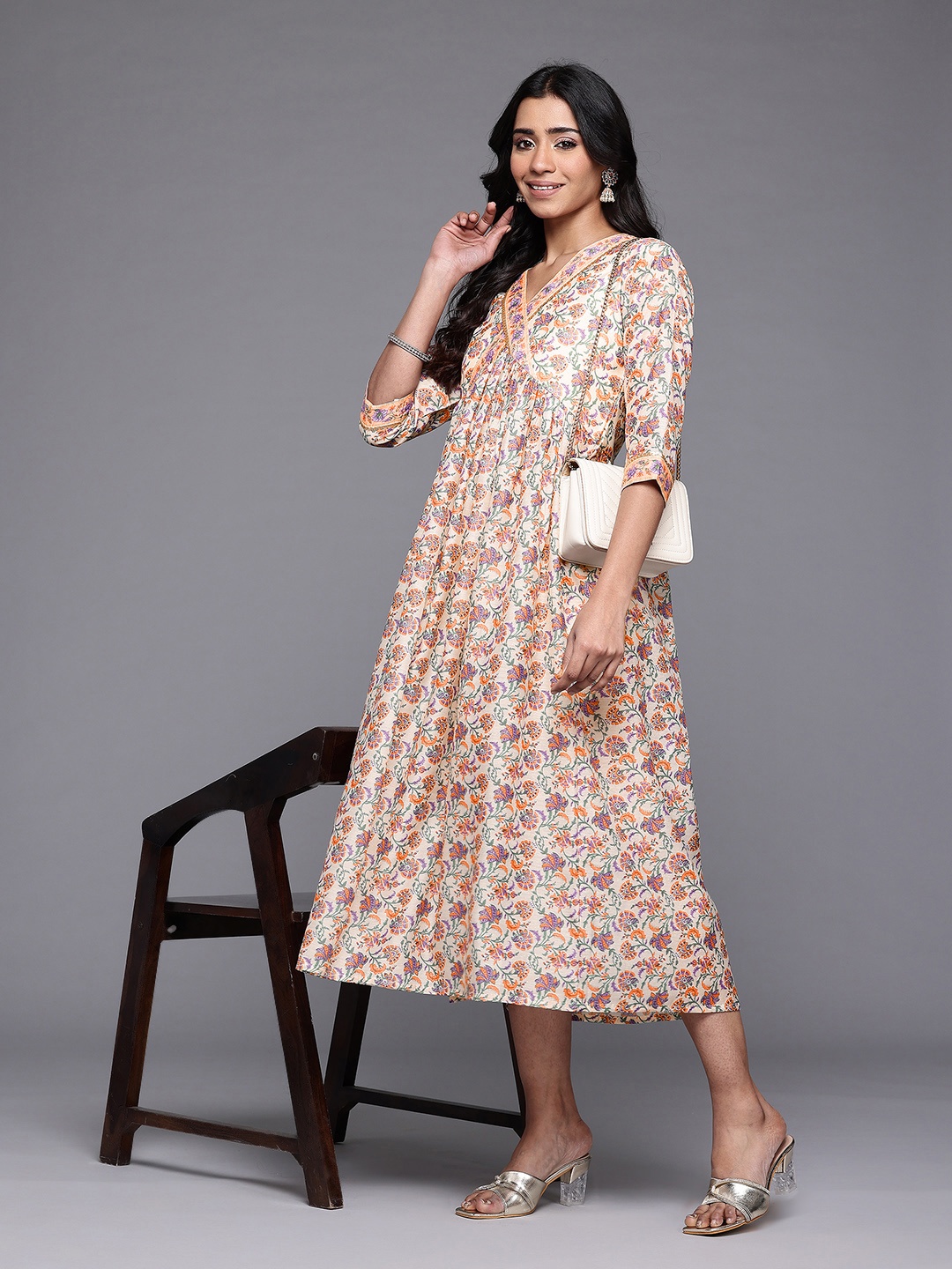 

Ahalyaa Floral Printed Chanderi Midi Empire Ethnic Dress with Sequined Detail, Multi